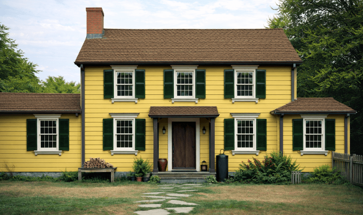 Two-story wooden farmhouse with six windows, centered wooden door, and stone path