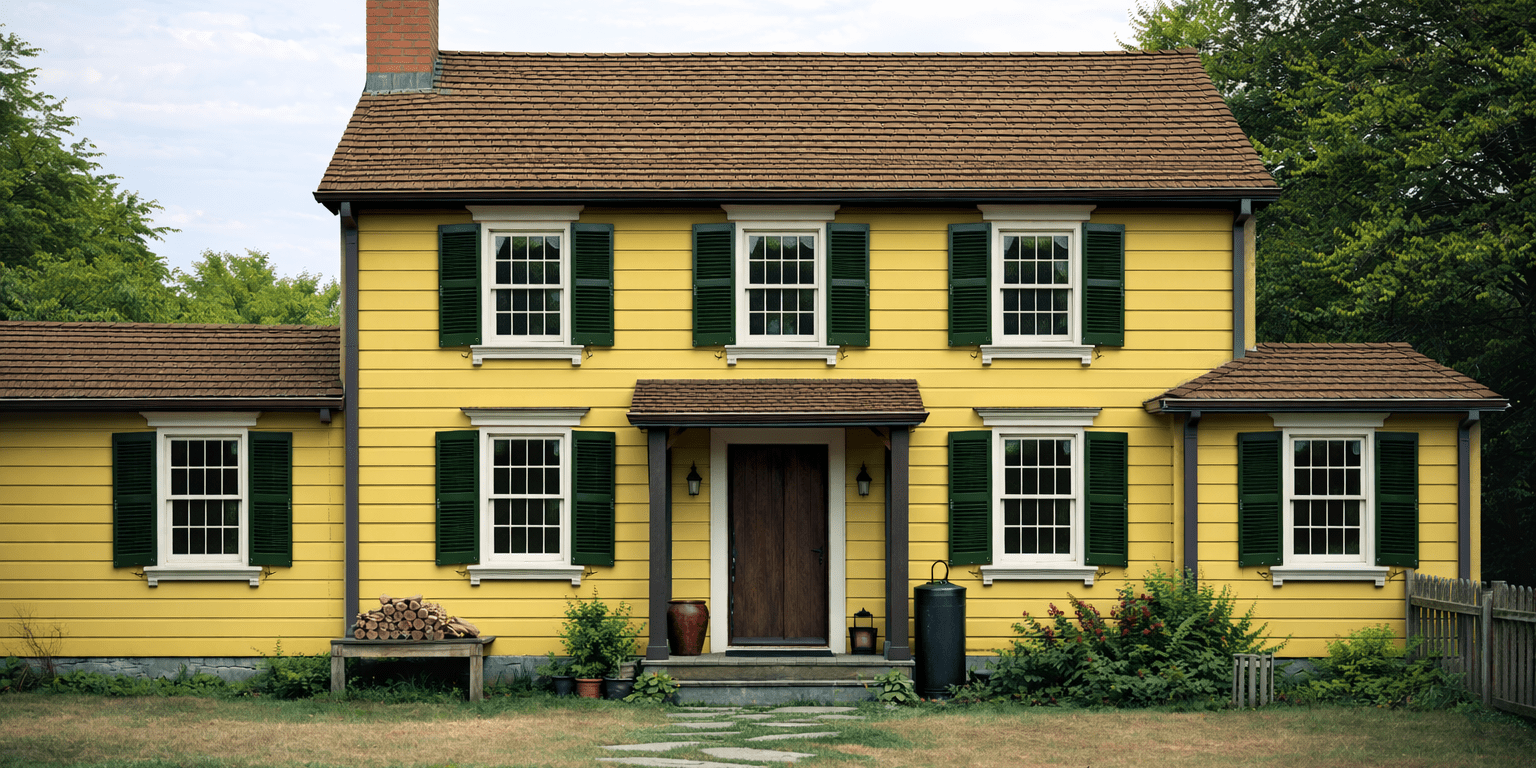 Two-story wooden farmhouse with six windows, centered wooden door, and stone path
